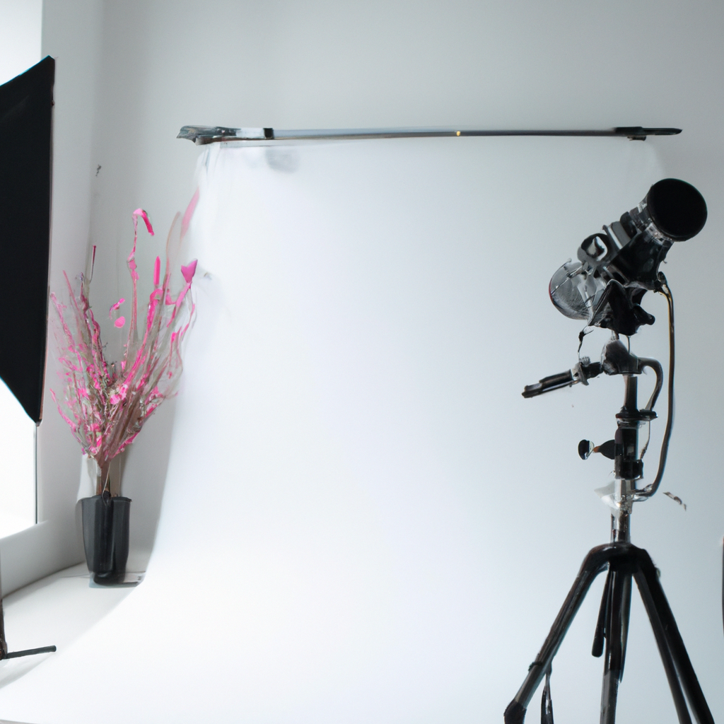밝고 미니멀한 서울 포토 스튜디오 전경, 화이트 백드롭과 자연광, 전문 조명, 트라이포드와 플랜트